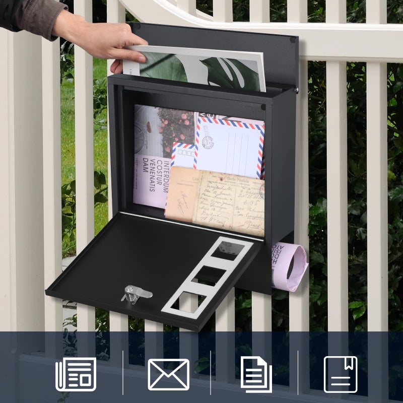 KYODOLED Locking Mailbox Wall Mount, Locked Mail Boxes, Mailbox with Key Lock for Outside, Large Capacity Drop Box for Newspapers, 13 x 3.4 x 11.8 Inch, Black - Image 3